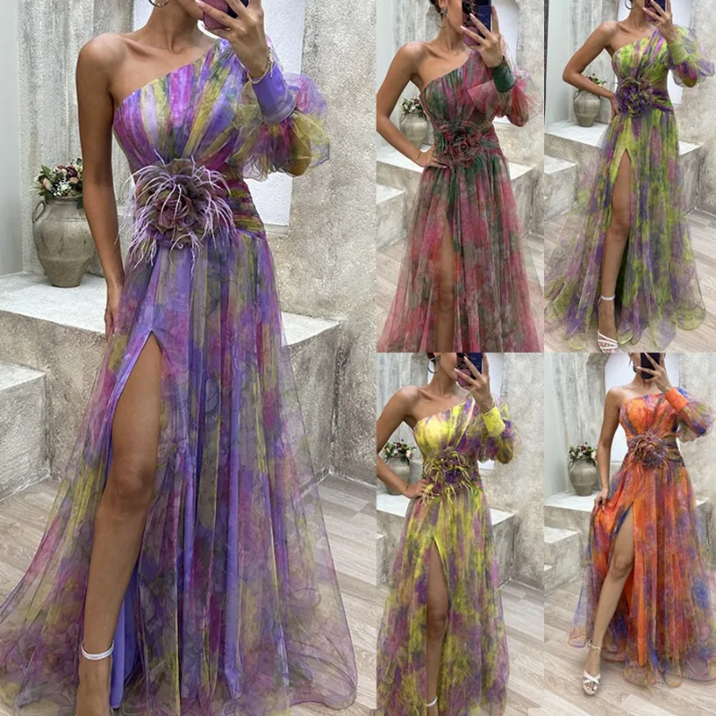 2026 New Fashionable Evening Dress Printed High Waist Retro Long Dress Women's Mesh Single Shoulder Folded Banquet Dress