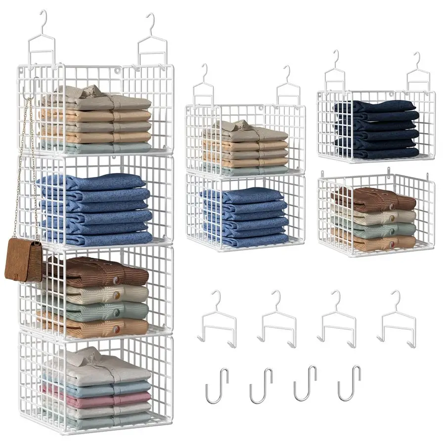 Closet Organizer, 4 Tier Metal Closet Organizers and Storage with 4 Hanging Hooks 4 SHooks for Wardrobe Laundry Room, Wire Stora
