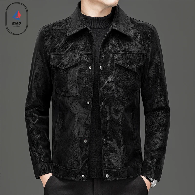 2025Men Suede Leather Jacket Spring Autumn Solid Color Korean Style Outdoor Business Casual Waterproof Windproof Lapel PU Coat