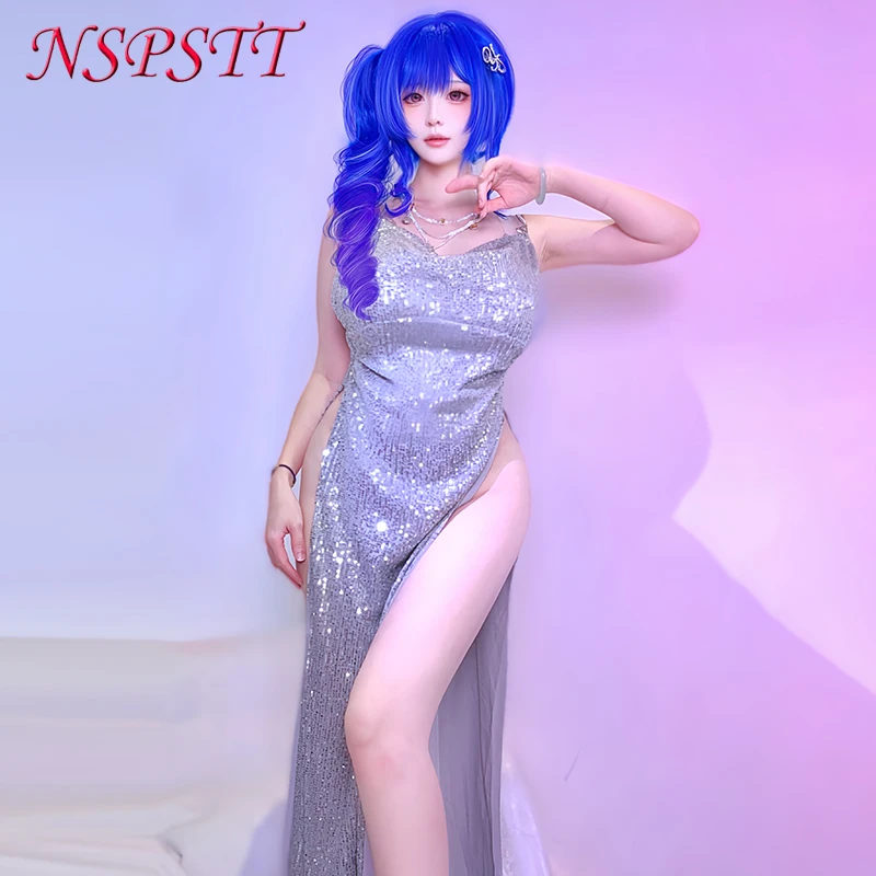 NSPSTT Game Azur Lane USS St. Louis Cosplay Costume Silver Sequins Sexy Evening Dress for Halloween Carnival Party