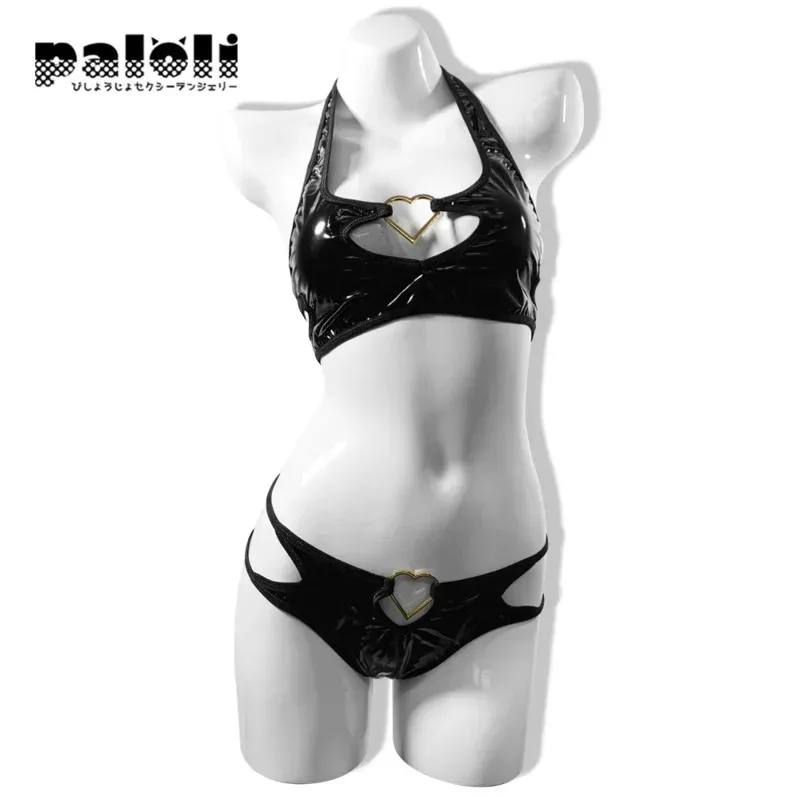 ♥ 2025 New Women cosplay costume anime succubus bikini swimsuit leather lingerie halter neck black stainless steel heart ★☆ly99