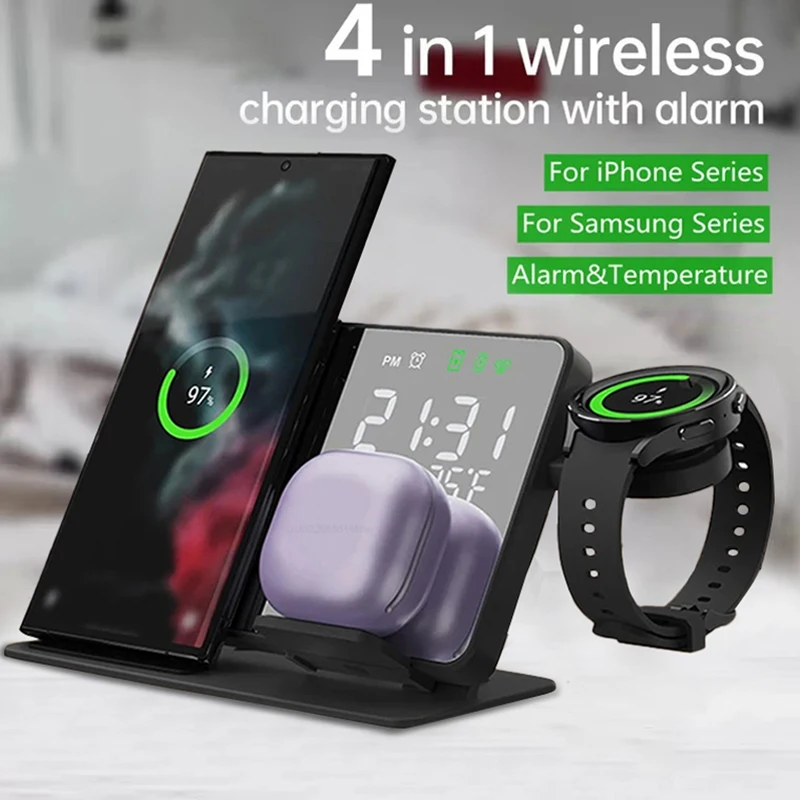 Wireless Charger Alarm Clock Stand Fast 4 in 1 Charging Station For iPhone 16 15 14 13 iWatch 8 Samsung S23 S22 Galaxy Watch 4 5