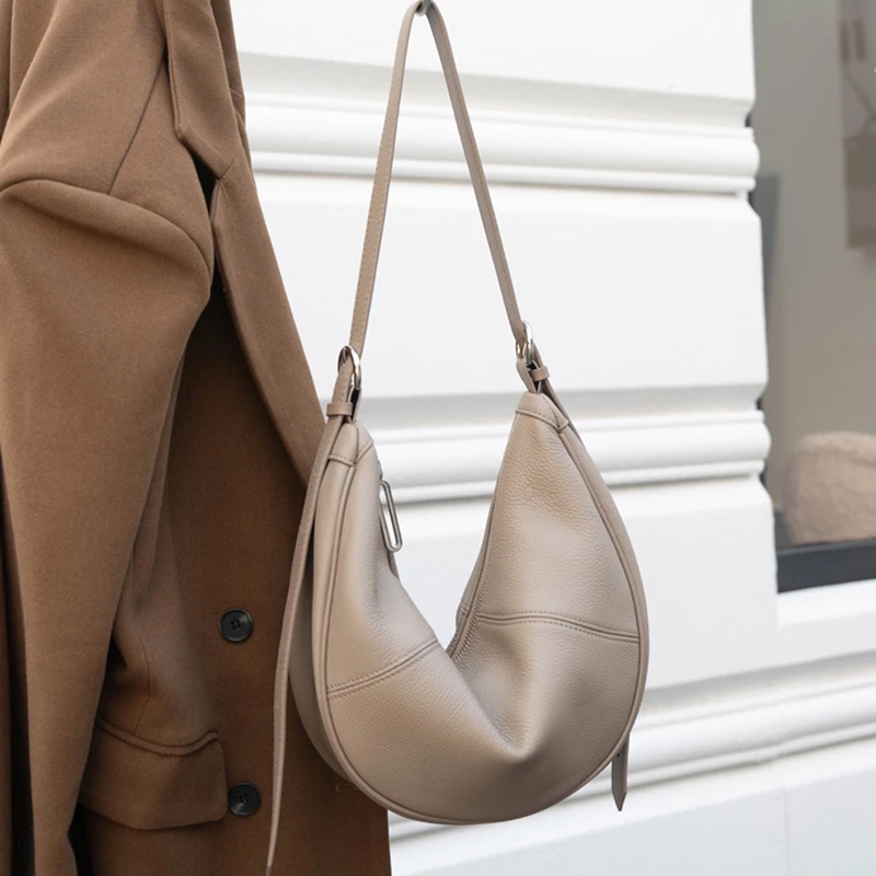 Hifashion Vintage Genuine Leather Half Moon Shoulder Bags For Women 2026 Luxury Designer Crossbody Shopper Hobo Ladies Handbags