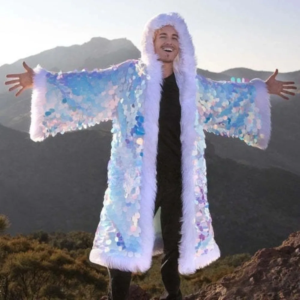 Jacket Faux Fur Men Long Coat Sequins Hooded Fluffy Warm Winter Patchwork LED Costume Stage Dance Party Cosplay Outerwear
