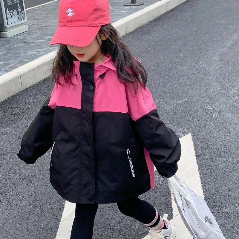 2025 New Girls' Waterproof Outdoor Jacket for Toddler Kids Spring Autumn Stylish with Hood Trendy Children's Windproof Jacket