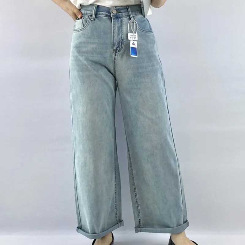 100KG 2025 Plus Size Straight Jeans Women's Wear Premium Boyfriend Style Casual Thin Denim Wide Leg Pants 5328