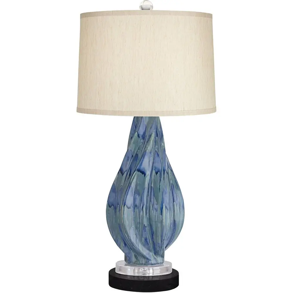 31 Tall Euro Design Table Lamp with Black Marble Base and Teal Beige Drum Shade for Bedroom, Living Room, and Office