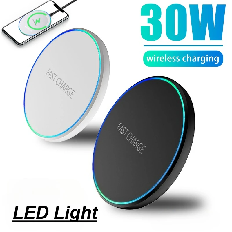30W Mini Wireless Charger Pad LED Light For iPhone 16 15 14 13 12 Samsung S25 S24 Xiaomi AirPos Pro Desktop Fast Charger Station