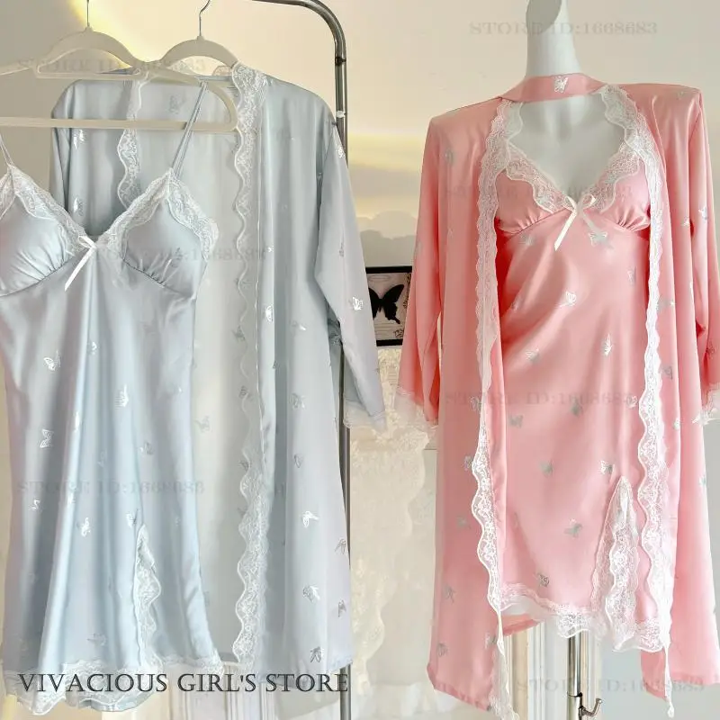Women Twinset Robe Set Summer Luxury Sexy Suspender Nightgown Sleepwear Sweet Lace Nightwear Home Clothes Silky Satin Loungewear