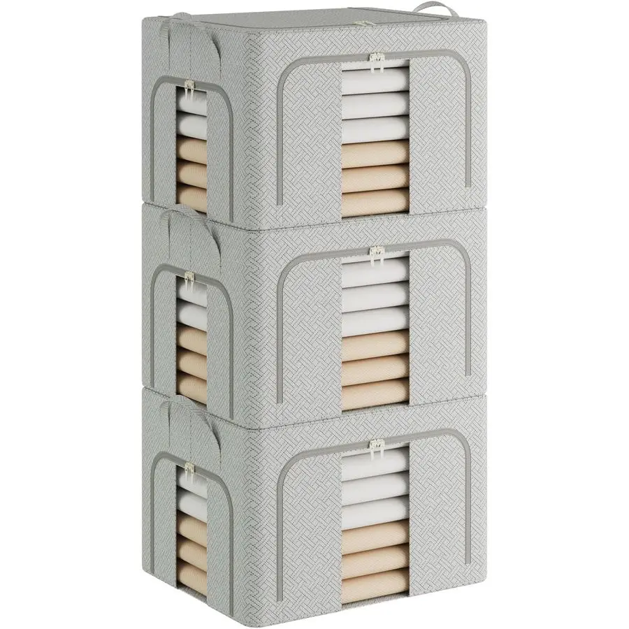 3 Pack Clothes Storage Bins with Metal Frame, Closet Organizers and Storage Boxes, Stackable amp Foldable Clothes Organizer Bags