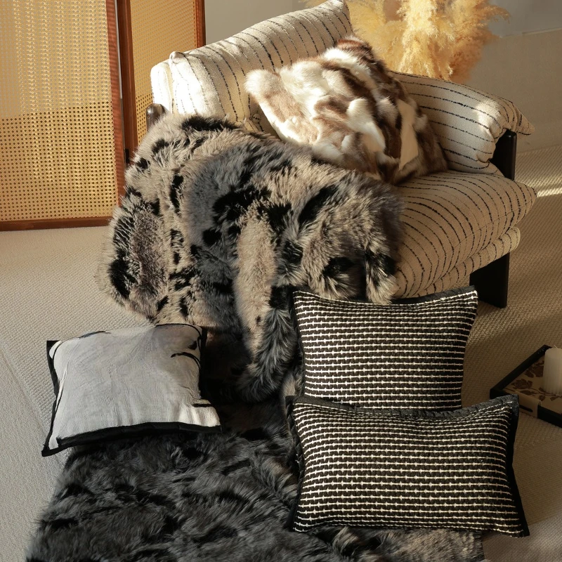 30X50/45X45CM Brown Leather Throw Pillow Cover Black Plush Light luxury Waist Cushion Cover Decor Home Decorative Pillowcase