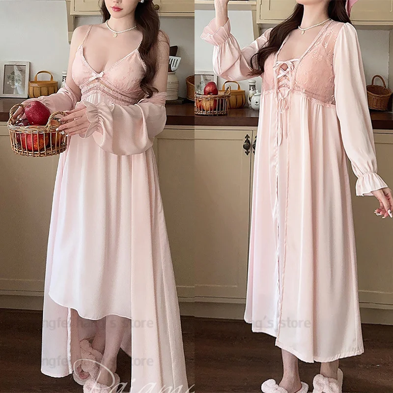 Women Mariage Long Robe Gown Set Luxury Bride Wedding Party Dress Ice Silk Kimono Bathrobe Sexy Chemise Sleepwear Lingerie