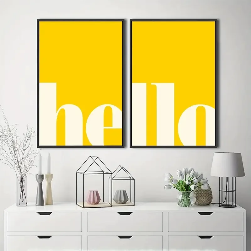 2pcs/set of Yellow Letters Hello Canvas Print Welcome Education Nursery Wall Art Posters for Modern Living Room Home Decor Gifts