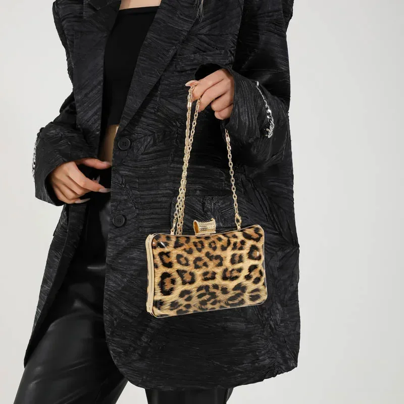 Metal Box Shape Handbags Clutch Luxury Designer Women's Leopard Party Handbag Purse Cool Chain Shoulder Bags Crossbody Frame Bag